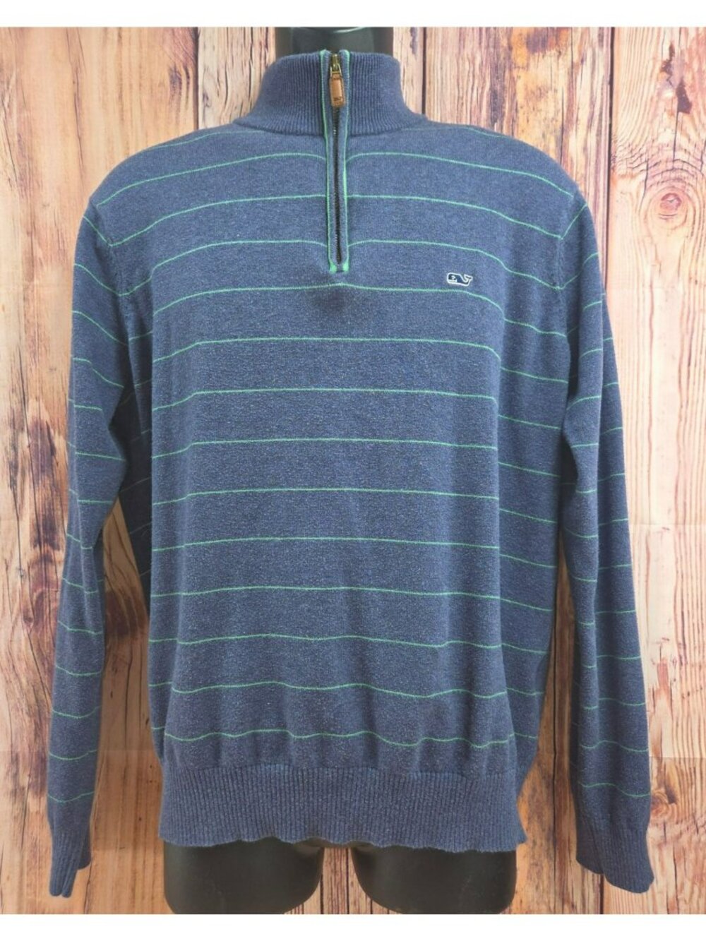 Vineyard Vines Mens Half-Zip Navy Sweater Medium With Green Stripes